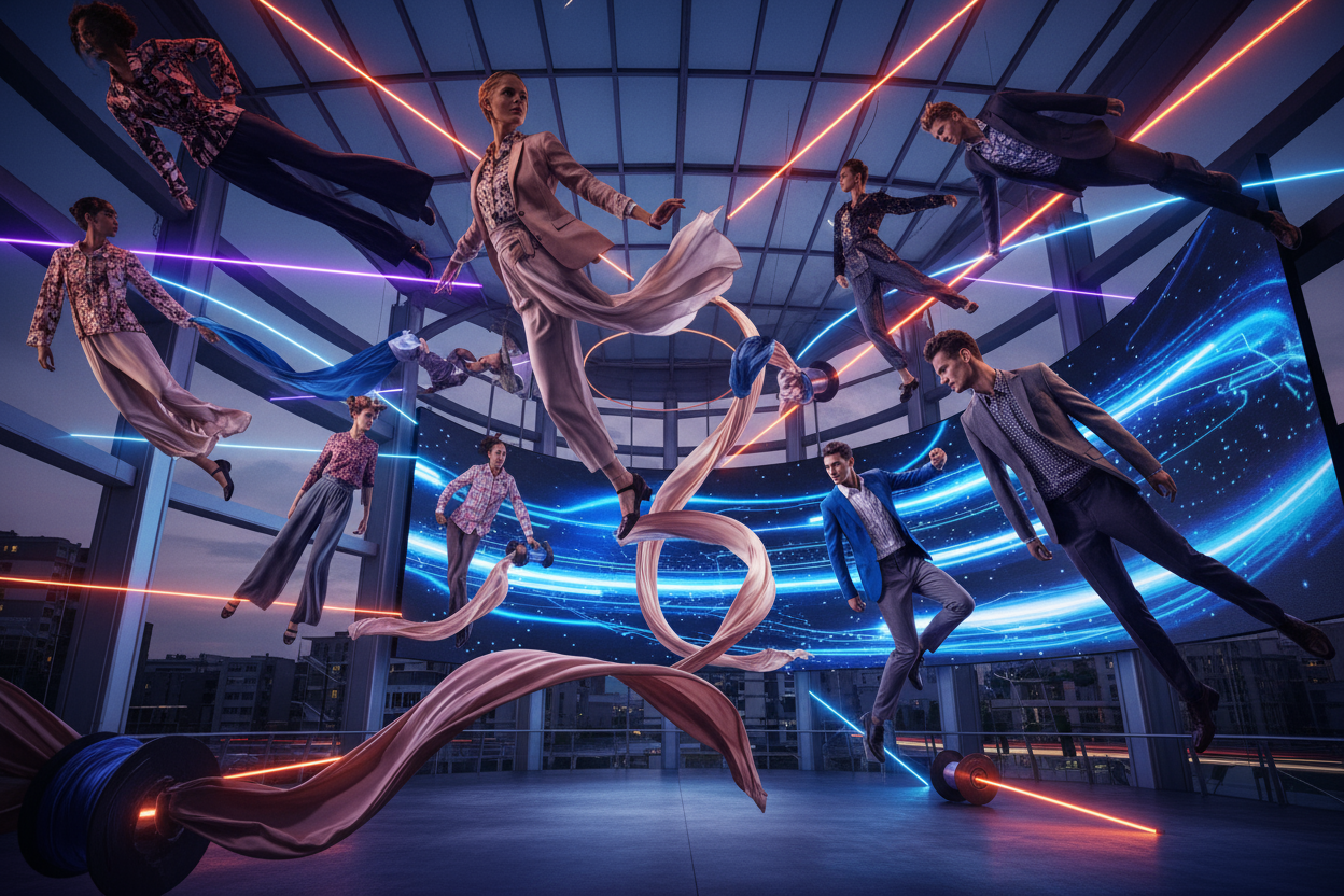 skapa en bild med kläder i en dynamisk miljö, både dam och herrkläder